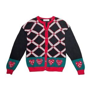 Vintage Knit Cardigan Sweater Heart Argyle Red Black Green Women’s Medium